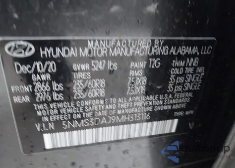 2021 Hyundai Santa Fe Sel z USA, uszkodzony, nr VIN 5NMS3DAJ9MH313116